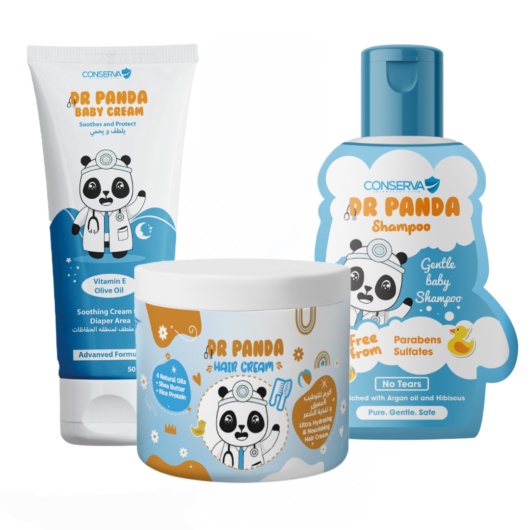 A set of three Dr. Panda branded baby care products including shampoo, diaper cream, and leave-in hair cream, each packaged in colorful, illustrated bottles and tubes.
